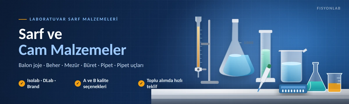 Laboratuvar sarf ve cam malzeme çeşitleri: balon joje, beher, mezür, büret, pipet ve pipet uçları